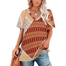 AILLOSA YH-235 Tamamı Baskılı V Yaka Kısa Kollu Kadın T-Shirt