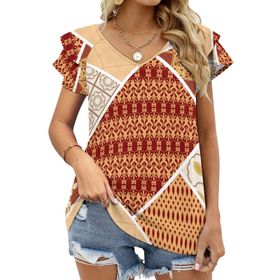 AILLOSA YH-235 V Yakalı Fırfırlı Baskılı Kısa Kollu Kadın T-shirt