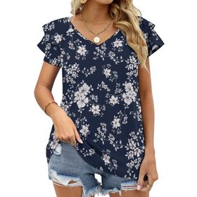 AILLOSA YH-238 V Yakalı Fırfırlı Baskılı Kısa Kollu Kadın T-shirt