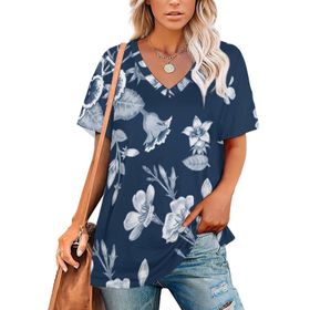 AILLOSA YH-24 Tamamı Baskılı V Yaka Kısa Kollu Kadın T-Shirt