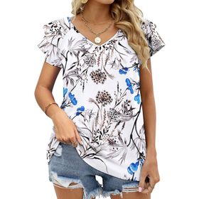AILLOSA YH-242 V Yakalı Fırfırlı Baskılı Kısa Kollu Kadın T-shirt