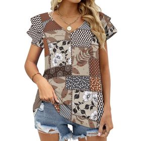 AILLOSA YH-243 V Yakalı Fırfırlı Baskılı Kısa Kollu Kadın T-shirt
