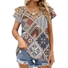 AILLOSA YH-246 V Yakalı Fırfırlı Baskılı Kısa Kollu Kadın T-shirt