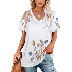 AILLOSA YH-253 Tamamı Baskılı V Yaka Kısa Kollu Kadın T-Shirt