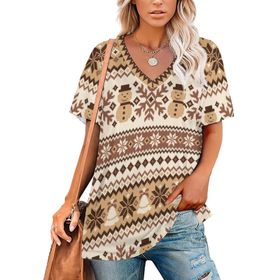 AILLOSA YH-254 Tamamı Baskılı V Yaka Kısa Kollu Kadın T-Shirt
