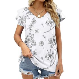 AILLOSA YH-259 V Yakalı Fırfırlı Baskılı Kısa Kollu Kadın T-shirt