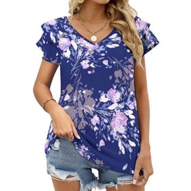AILLOSA YH-261 V Yakalı Fırfırlı Baskılı Kısa Kollu Kadın T-shirt