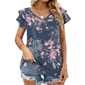 AILLOSA YH-262 V Yakalı Fırfırlı Baskılı Kısa Kollu Kadın T-shirt