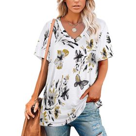 AILLOSA YH-263 Tamamı Baskılı V Yaka Kısa Kollu Kadın T-Shirt