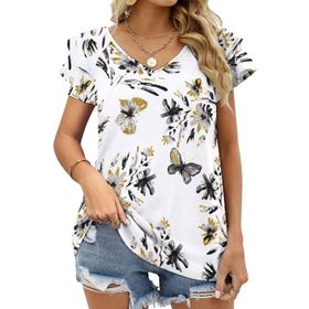 AILLOSA YH-263 V Yakalı Fırfırlı Baskılı Kısa Kollu Kadın T-shirt
