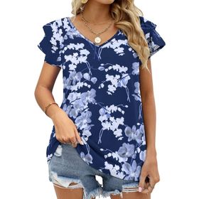 AILLOSA YH-264 V Yakalı Fırfırlı Baskılı Kısa Kollu Kadın T-shirt