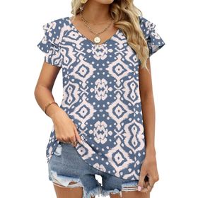 AILLOSA YH-265 V Yakalı Fırfırlı Baskılı Kısa Kollu Kadın T-shirt