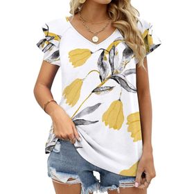 AILLOSA YH-266 V Yakalı Fırfırlı Baskılı Kısa Kollu Kadın T-shirt