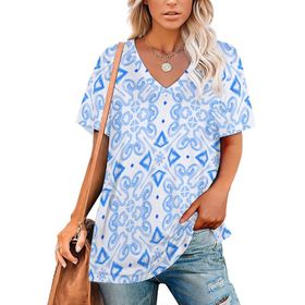 AILLOSA YH-267 Tamamı Baskılı V Yaka Kısa Kollu Kadın T-Shirt