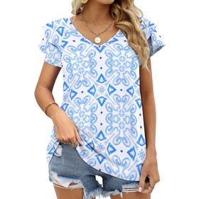 AILLOSA YH-267 V Yakalı Fırfırlı Baskılı Kısa Kollu Kadın T-shirt