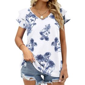 AILLOSA YH-268 V Yakalı Fırfırlı Baskılı Kısa Kollu Kadın T-shirt