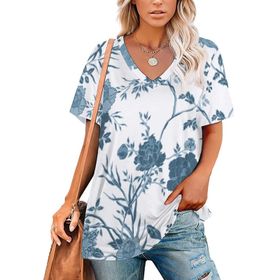 AILLOSA YH-269 Tamamı Baskılı V Yaka Kısa Kollu Kadın T-Shirt