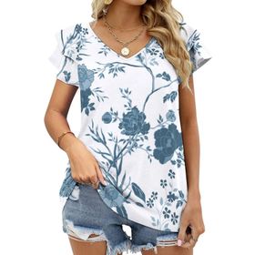 AILLOSA YH-269 V Yakalı Fırfırlı Baskılı Kısa Kollu Kadın T-shirt