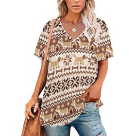 AILLOSA YH-270 Tamamı Baskılı V Yaka Kısa Kollu Kadın T-Shirt