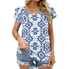 AILLOSA YH-271 V Yakalı Fırfırlı Baskılı Kısa Kollu Kadın T-shirt