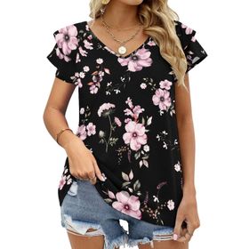 AILLOSA YH-272 V Yakalı Fırfırlı Baskılı Kısa Kollu Kadın T-shirt