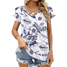 AILLOSA YH-273 V Yakalı Fırfırlı Baskılı Kısa Kollu Kadın T-shirt