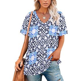 AILLOSA YH-274 Tamamı Baskılı V Yaka Kısa Kollu Kadın T-Shirt