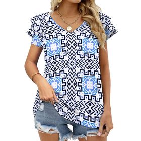 AILLOSA YH-274 V Yakalı Fırfırlı Baskılı Kısa Kollu Kadın T-shirt