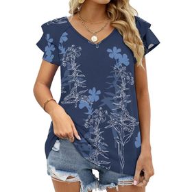 AILLOSA YH-275 V Yakalı Fırfırlı Baskılı Kısa Kollu Kadın T-shirt