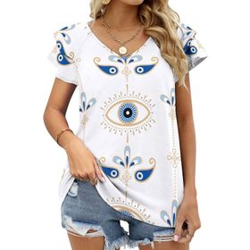 AILLOSA YH-276 V Yakalı Fırfırlı Baskılı Kısa Kollu Kadın T-shirt