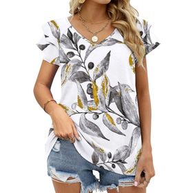 AILLOSA YH-278 V Yakalı Fırfırlı Baskılı Kısa Kollu Kadın T-shirt