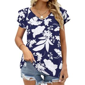 AILLOSA YH-28 V Yakalı Fırfırlı Baskılı Kısa Kollu Kadın T-shirt