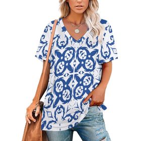 AILLOSA YH-280 Tamamı Baskılı V Yaka Kısa Kollu Kadın T-Shirt
