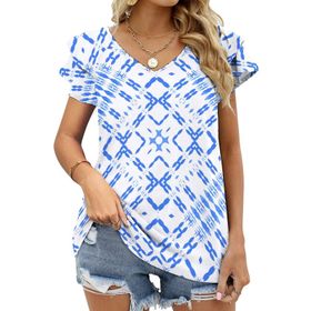 AILLOSA YH-281 V Yakalı Fırfırlı Baskılı Kısa Kollu Kadın T-shirt