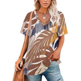 AILLOSA YH-287 Tamamı Baskılı V Yaka Kısa Kollu Kadın T-Shirt