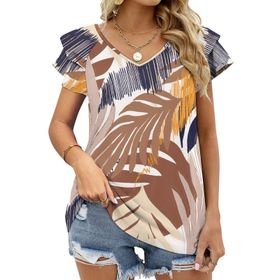 AILLOSA YH-287 V Yakalı Fırfırlı Baskılı Kısa Kollu Kadın T-shirt