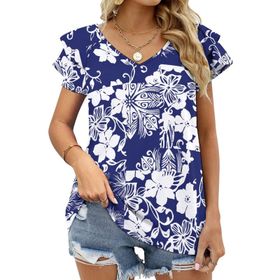 AILLOSA YH-29 V Yakalı Fırfırlı Baskılı Kısa Kollu Kadın T-shirt