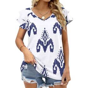 AILLOSA YH-291 V Yakalı Fırfırlı Baskılı Kısa Kollu Kadın T-shirt