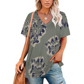 AILLOSA YH-292 Tamamı Baskılı V Yaka Kısa Kollu Kadın T-Shirt