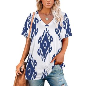 AILLOSA YH-294 Tamamı Baskılı V Yaka Kısa Kollu Kadın T-Shirt