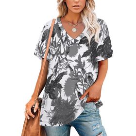AILLOSA YH-295 Tamamı Baskılı V Yaka Kısa Kollu Kadın T-Shirt