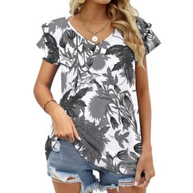 AILLOSA YH-295 V Yakalı Fırfırlı Baskılı Kısa Kollu Kadın T-shirt