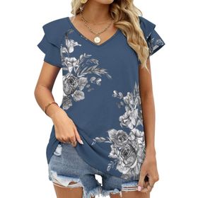 AILLOSA YH-296 V Yakalı Fırfırlı Baskılı Kısa Kollu Kadın T-shirt