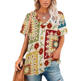 AILLOSA YH-297 Tamamı Baskılı V Yaka Kısa Kollu Kadın T-Shirt