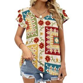 AILLOSA YH-297 V Yakalı Fırfırlı Baskılı Kısa Kollu Kadın T-shirt
