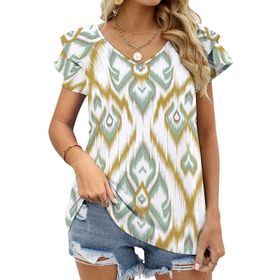 AILLOSA YH-298 V Yakalı Fırfırlı Baskılı Kısa Kollu Kadın T-shirt