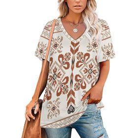 AILLOSA YH-299 Tamamı Baskılı V Yaka Kısa Kollu Kadın T-Shirt