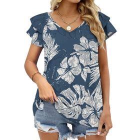 AILLOSA YH-302 V Yakalı Fırfırlı Baskılı Kısa Kollu Kadın T-shirt