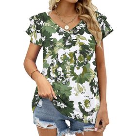 AILLOSA YH-303 V Yakalı Fırfırlı Baskılı Kısa Kollu Kadın T-shirt