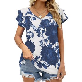 AILLOSA YH-304 V Yakalı Fırfırlı Baskılı Kısa Kollu Kadın T-shirt